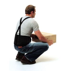 A person wearing a back belt and squatting
