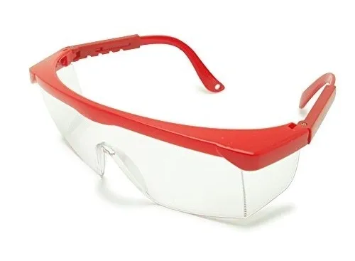 Red-framed safety glasses with clear lenses.