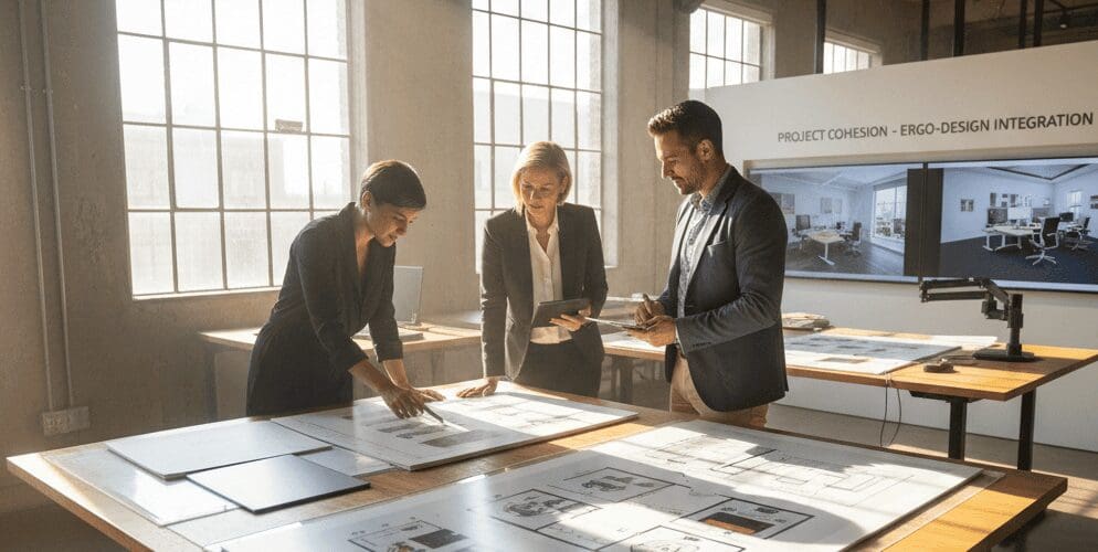 Three professionals reviewing office layout plans