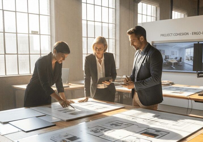 Three professionals reviewing office layout plans