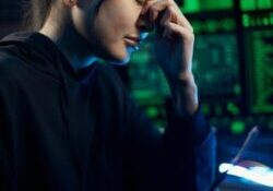 Digital Eye Strain. Young woman in dark room with green computer screens holding the bridge of her nose with one hand and her glasses in the other.