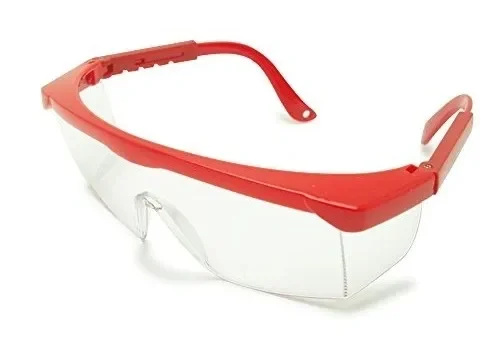 Red-framed safety glasses with clear lenses.